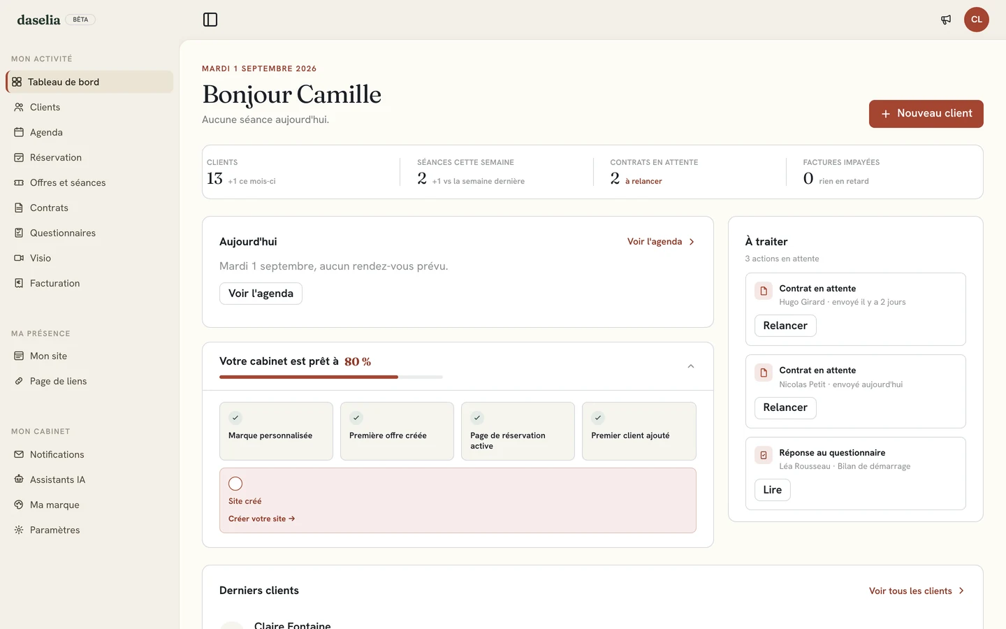 Tableau de bord Daselia : « Bonjour Camille », le nombre de clients, les séances de la semaine, les contrats en attente, et les actions à traiter du jour.
